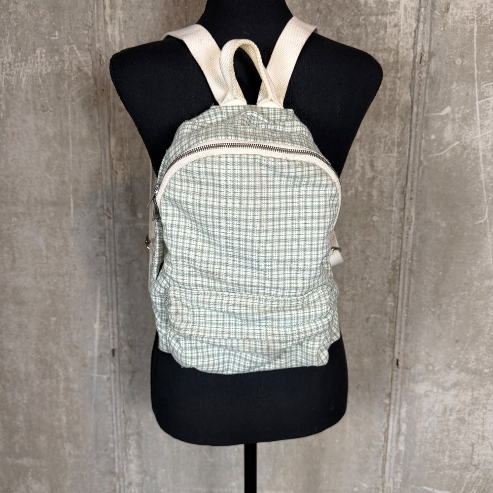 John Galt Brandy Melville Green Plaid Mini Canvas Backpack Bag